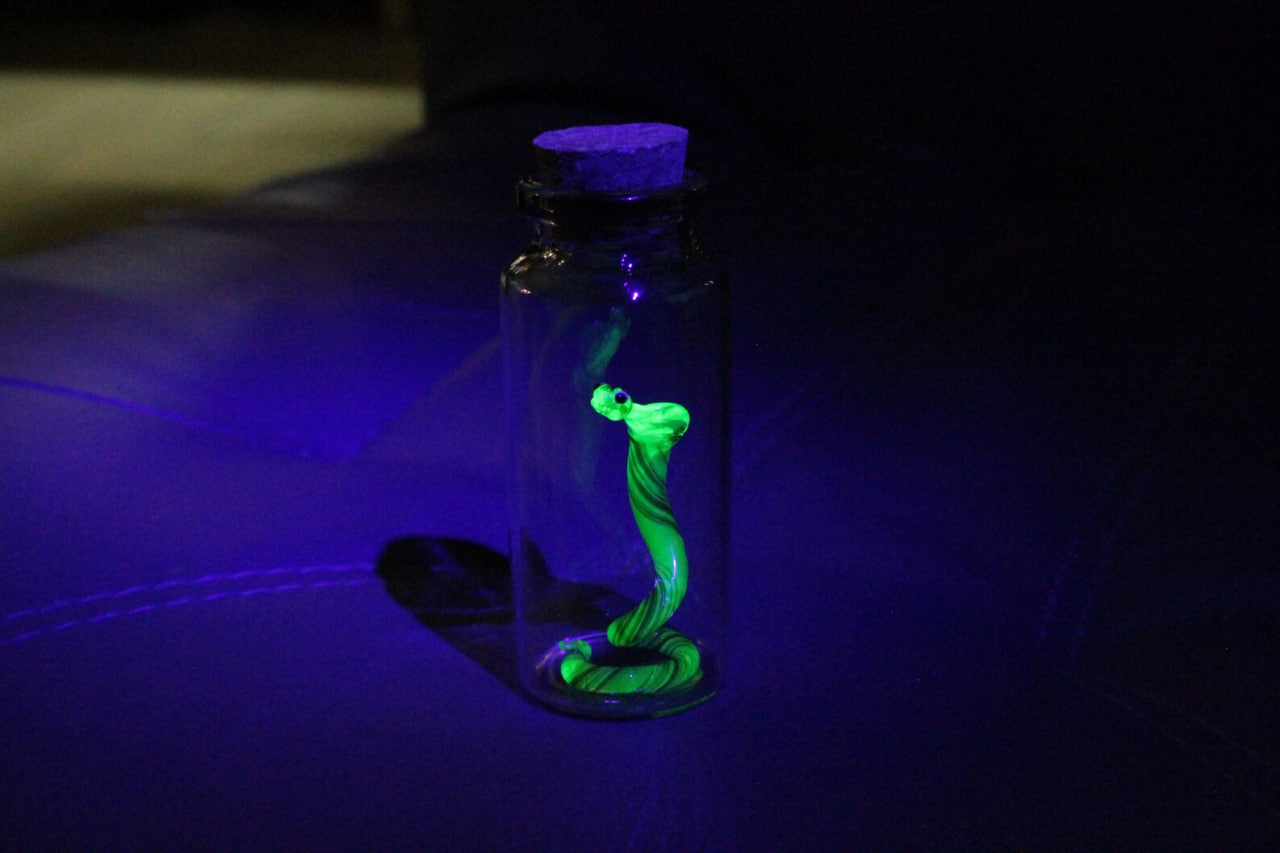 Uranium Glass Snake in Jar Glowing Snake Figurine Miniature Terrarium Art