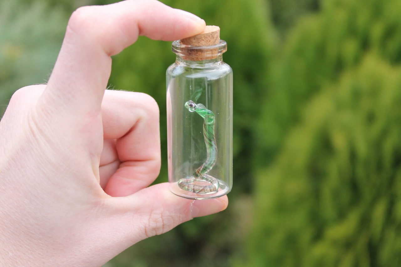 Uranium Glass Snake in Jar Glowing Snake Figurine Miniature Terrarium Art