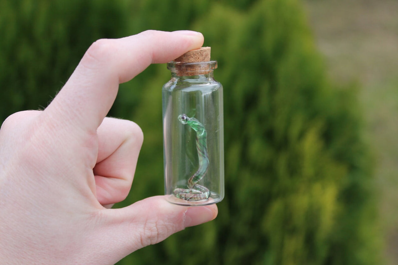 Uranium Glass Snake in Jar Glowing Snake Figurine Miniature Terrarium Art