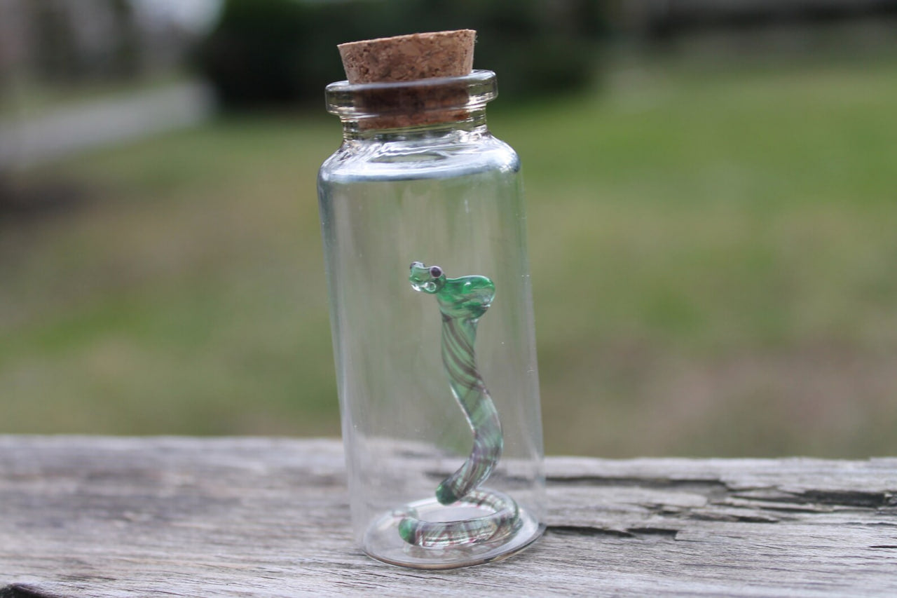 Uranium Glass Snake in Jar Glowing Snake Figurine Miniature Terrarium Art