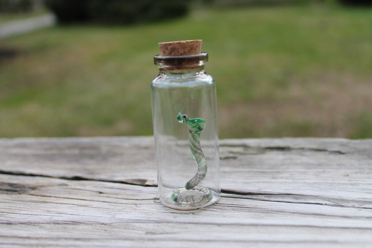 Uranium Glass Snake in Jar Glowing Snake Figurine Miniature Terrarium Art