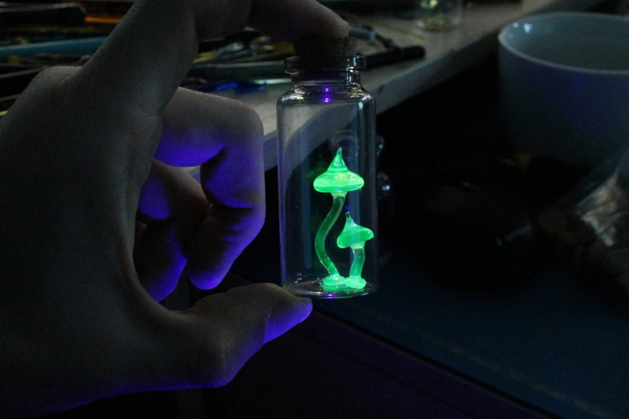 Tiny Uranium Glass Mushrooms Encased in Bottle - Collectible