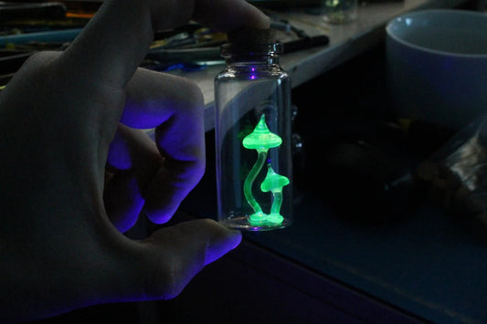 Tiny Uranium Glass Mushrooms Encased in Bottle - Collectible