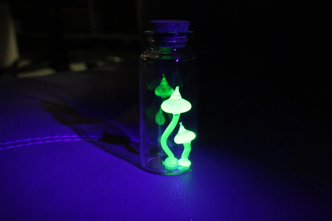 Tiny Uranium Glass Mushrooms Encased in Bottle - Collectible