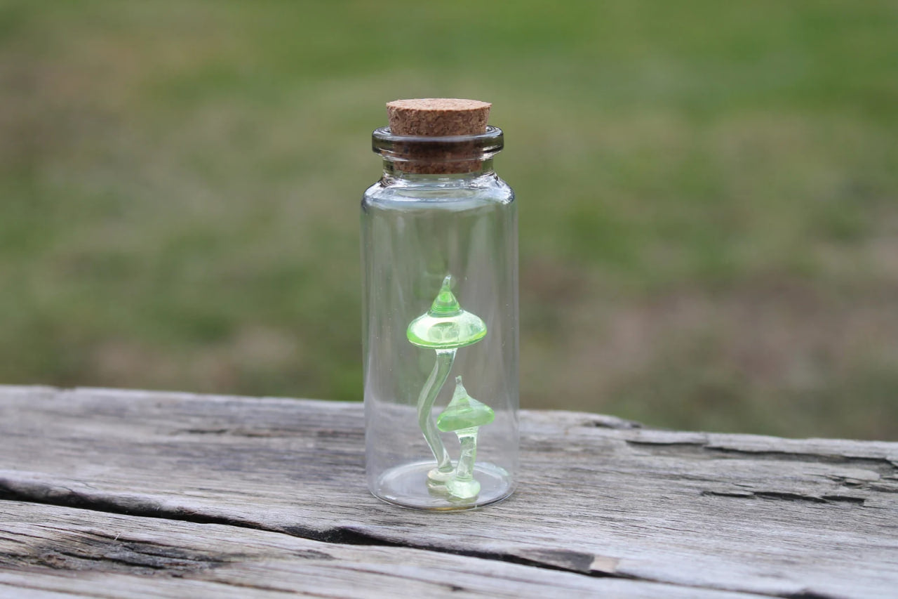 Tiny Uranium Glass Mushrooms Encased in Bottle - Collectible