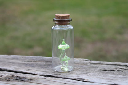 Tiny Uranium Glass Mushrooms Encased in Bottle - Collectible