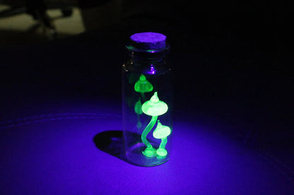 Tiny Uranium Glass Mushrooms Encased in Bottle - Collectible