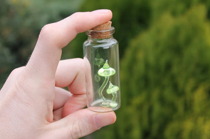 Tiny Uranium Glass Mushrooms Encased in Bottle - Collectible