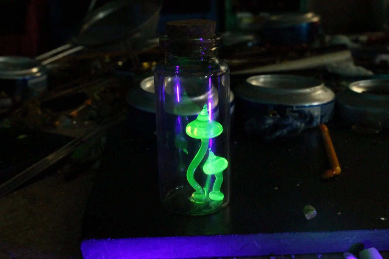 Tiny Uranium Glass Mushrooms Encased in Bottle - Collectible