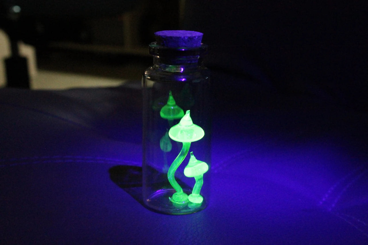 Tiny Uranium Glass Mushrooms Encased in Bottle - Collectible