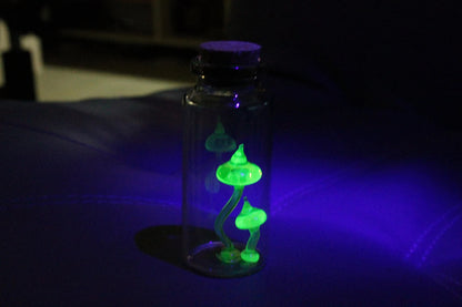 Tiny Uranium Glass Mushrooms Encased in Bottle - Collectible