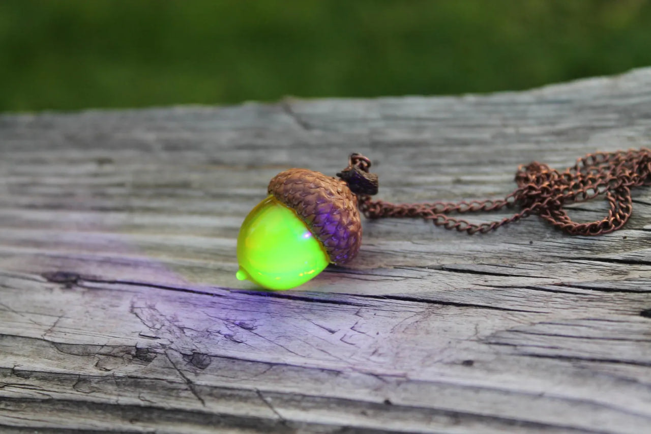 Handmade Uranium Glass Acorn Pendant - Magical Glow Necklace