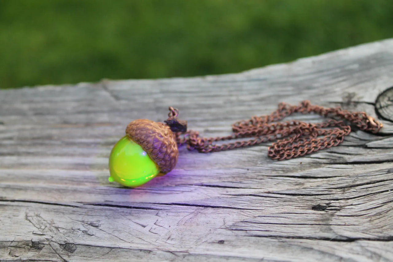 Handmade Uranium Glass Acorn Pendant - Magical Glow Necklace