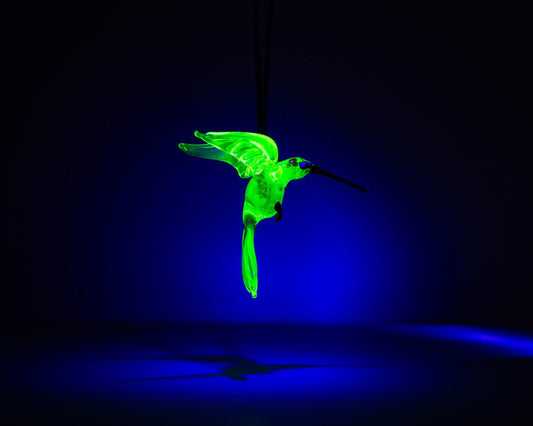 Uranium Glass Hummingbird Pendant Glowing UV Bird Figurine Handmade Lampwork Hanging Miniature