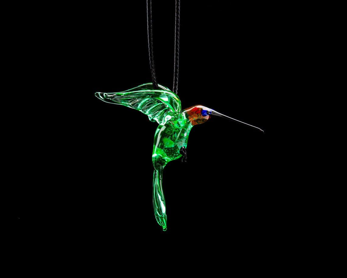 Uranium Glass Hummingbird Pendant Glowing UV Bird Figurine Handmade Lampwork Hanging Miniature