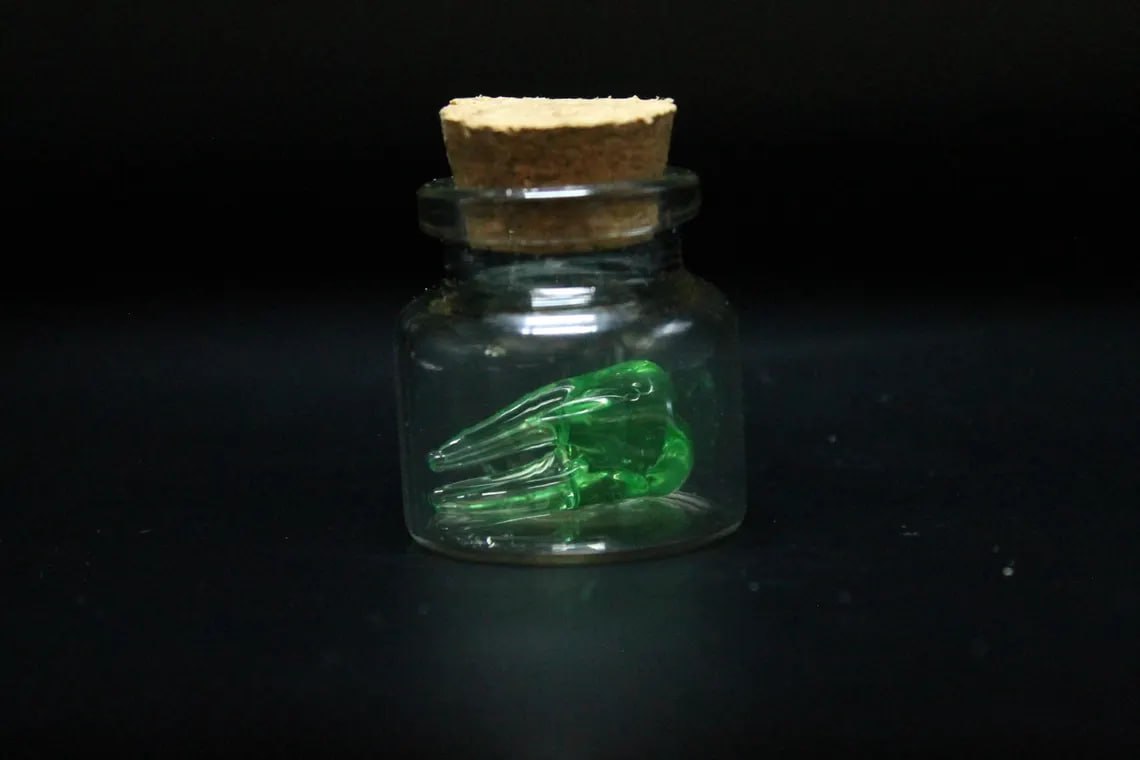 Mini Uranium Glass Tooth in Bottle, Tooth Fairy Keepsake, UV Reactive Tiny Tooth