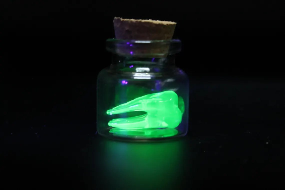 Mini Uranium Glass Tooth in Bottle, Tooth Fairy Keepsake, UV Reactive Tiny Tooth