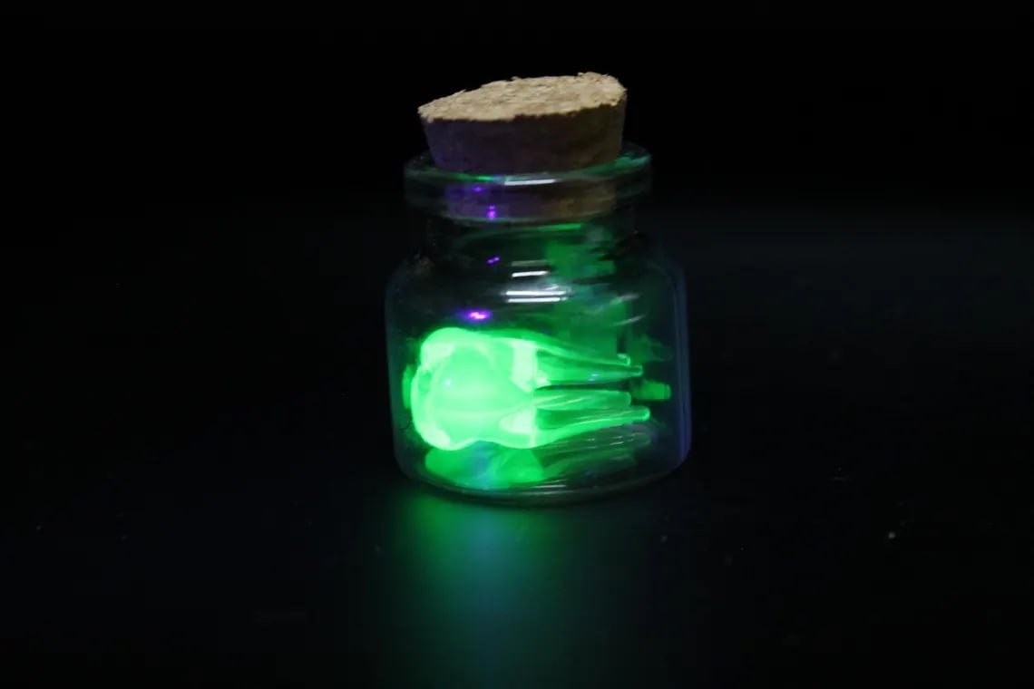 Mini Uranium Glass Tooth in Bottle, Tooth Fairy Keepsake, UV Reactive Tiny Tooth