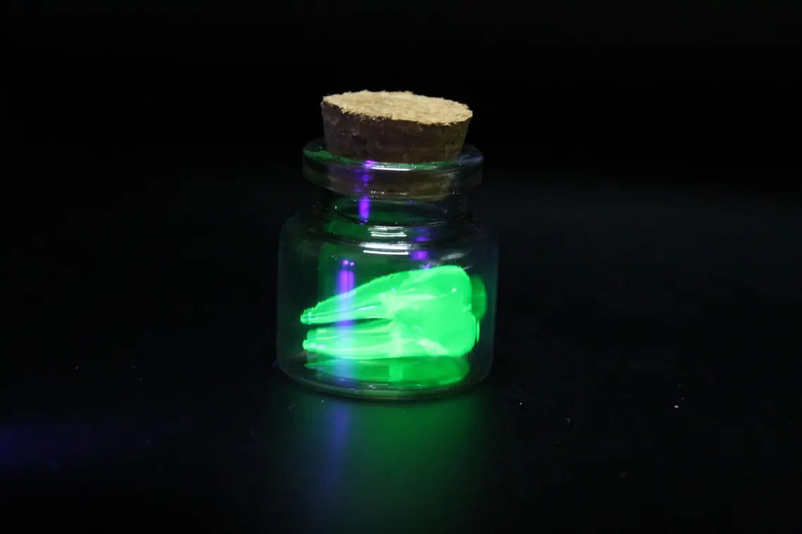 Mini Uranium Glass Tooth in Bottle, Tooth Fairy Keepsake, UV Reactive Tiny Tooth