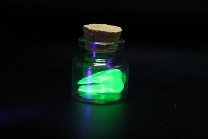 Mini Uranium Glass Tooth in Bottle, Tooth Fairy Keepsake, UV Reactive Tiny Tooth