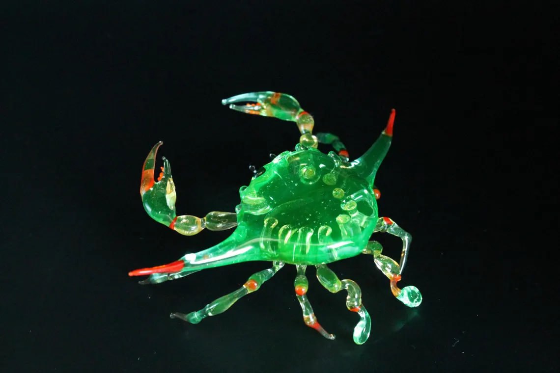 Uranium Glass Crab Figurine Maryland Blue Crab Miniature UV Reactive Glass Ocean Animal Coastal Decor Handmade