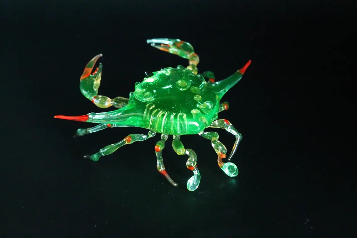 Uranium Glass Crab Figurine Maryland Blue Crab Miniature UV Reactive Glass Ocean Animal Coastal Decor Handmade