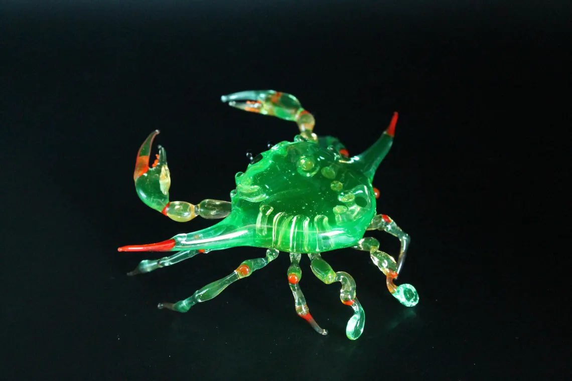Uranium Glass Crab Figurine Maryland Blue Crab Miniature UV Reactive Glass Ocean Animal Coastal Decor Handmade