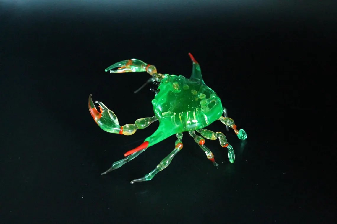 Uranium Glass Crab Figurine Maryland Blue Crab Miniature UV Reactive Glass Ocean Animal Coastal Decor Handmade