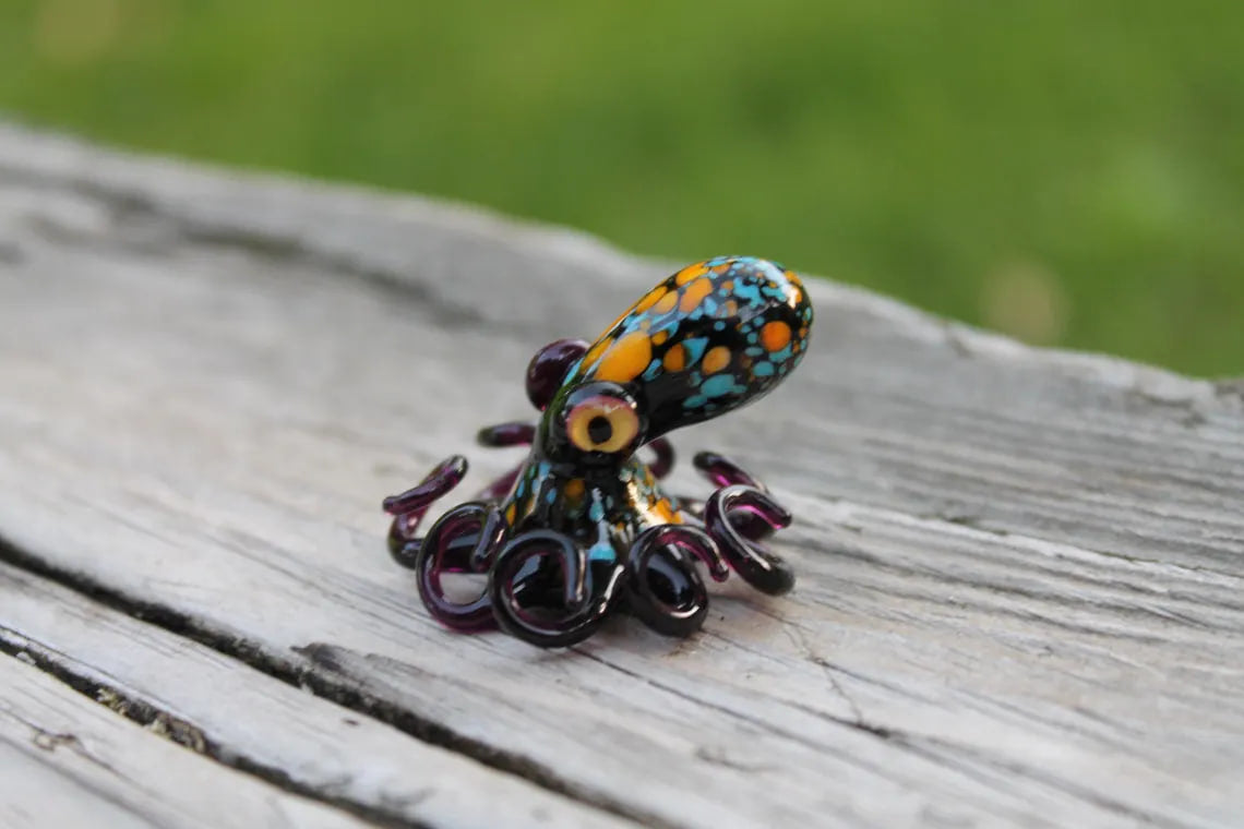 Blue Orange Dark Purple Handmade Glass Octopus Figurine – Blue & Pink Lampwork Animal – Miniature Sea Creature – Ocean Decor –