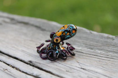 Blue Orange Dark Purple Handmade Glass Octopus Figurine – Blue & Pink Lampwork Animal – Miniature Sea Creature – Ocean Decor –