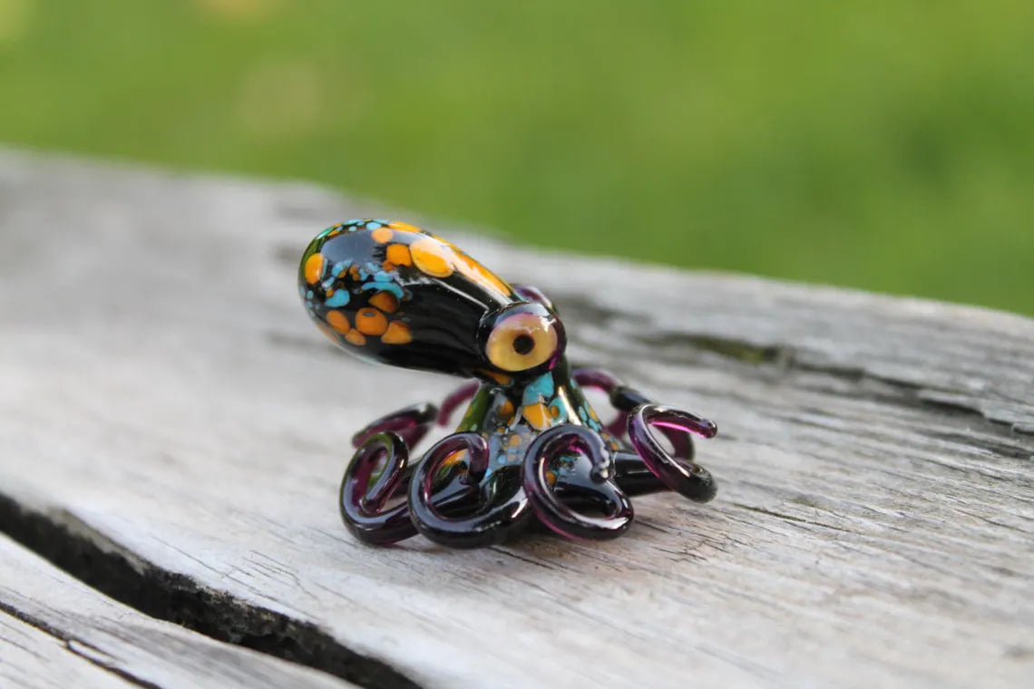 Blue Orange Dark Purple Handmade Glass Octopus Figurine – Blue & Pink Lampwork Animal – Miniature Sea Creature – Ocean Decor –