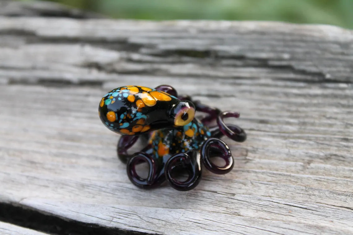 Blue Orange Dark Purple Handmade Glass Octopus Figurine – Blue & Pink Lampwork Animal – Miniature Sea Creature – Ocean Decor –