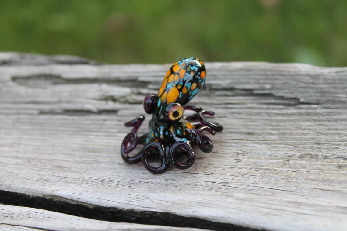 Blue Orange Dark Purple Handmade Glass Octopus Figurine – Blue & Pink Lampwork Animal – Miniature Sea Creature – Ocean Decor –