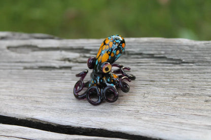 Blue Orange Dark Purple Handmade Glass Octopus Figurine – Blue & Pink Lampwork Animal – Miniature Sea Creature – Ocean Decor –