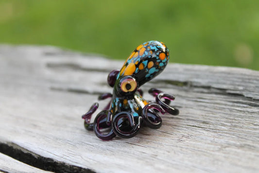 Blue Orange Dark Purple Handmade Glass Octopus Figurine – Blue & Pink Lampwork Animal – Miniature Sea Creature – Ocean Decor –