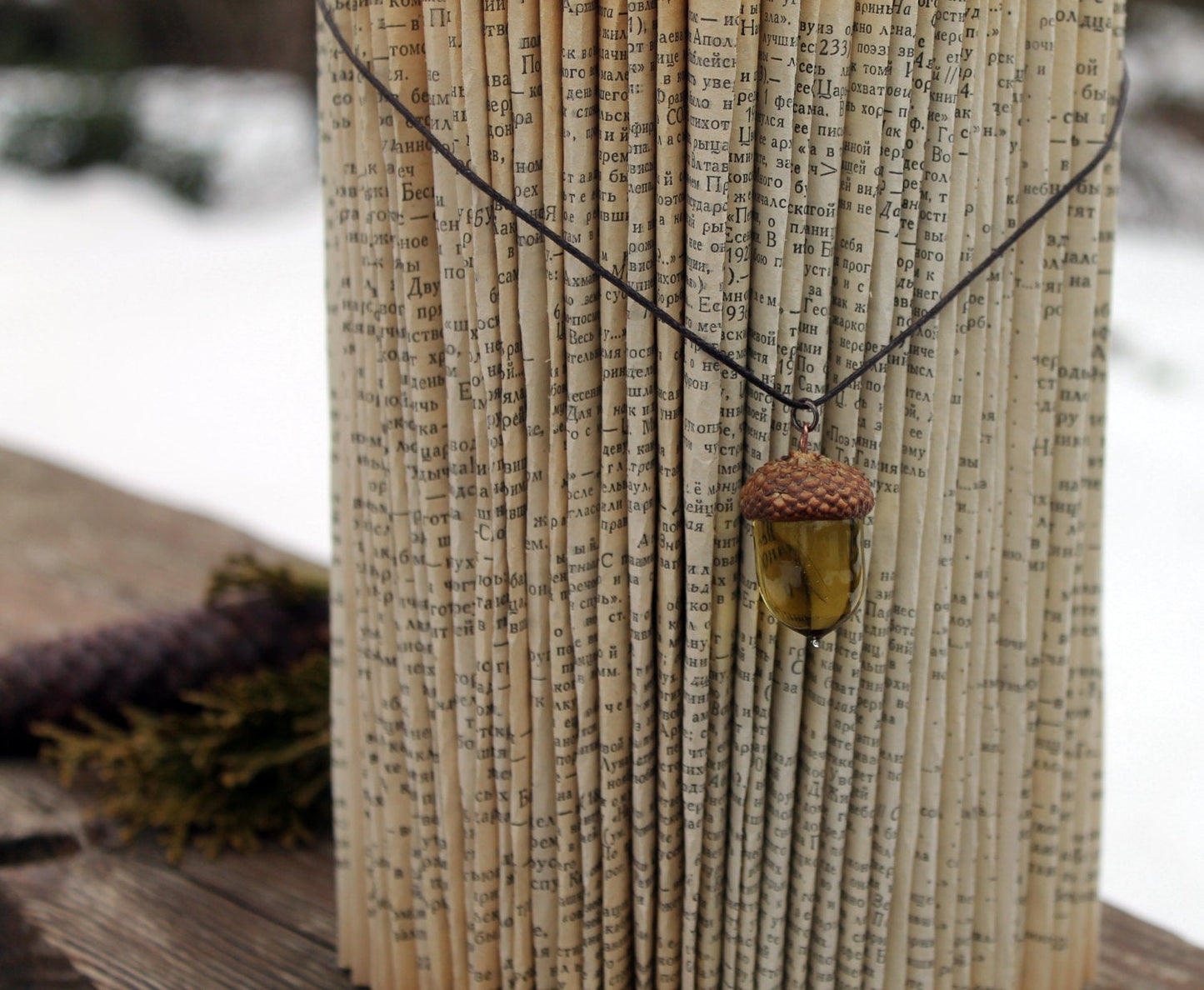 Olive Glass Acorn Necklace With Real Acorn Cap