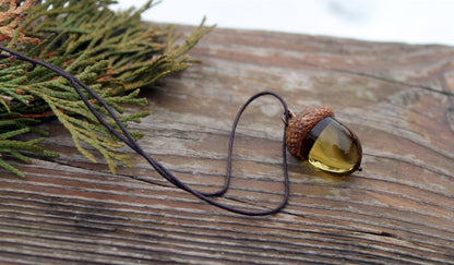 Olive Glass Acorn Necklace With Real Acorn Cap