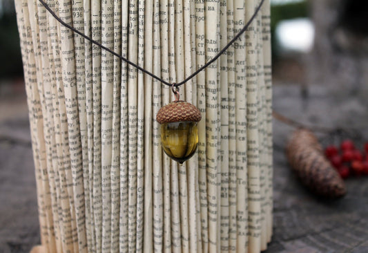 Olive Glass Acorn Necklace With Real Acorn Cap