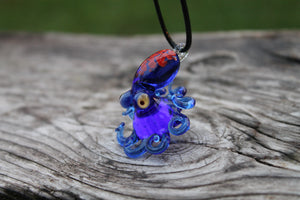 Blue Red Enchanted Oceanic Glass Octopus Pendant