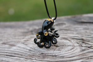 Black Gold Octopus Medallion Necklace Glass Octopus Statement Pendant Animal