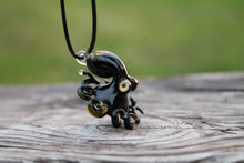 Load image into Gallery viewer, Black Gold Octopus Medallion Necklace Glass Octopus Statement Pendant Animal
