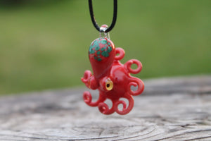 Red Green Tentacle Treasures Pendant Handblown Glass Octopus Oceanic Necklace