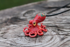 Red Green Tentacle Treasures Pendant Handblown Glass Octopus Oceanic Necklace