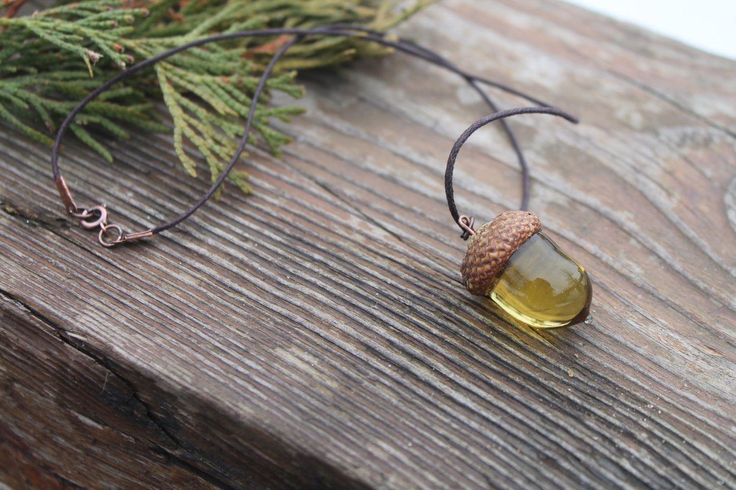 Olive Glass Acorn Necklace With Real Acorn Cap