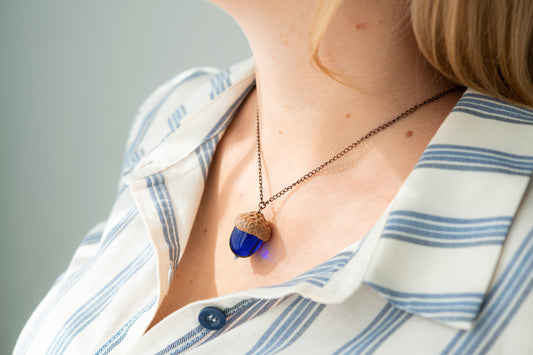 Cobalt Blue Glass Acorn Necklace Pendant Handmade Gift