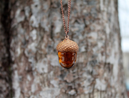 Amber Glass Acorn Necklace Pendant For Nature Lovers
