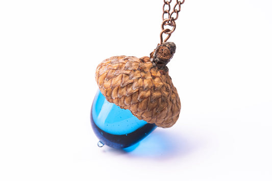Sky Blue Acorn Pendant Necklace With Acorn Cap And Chain