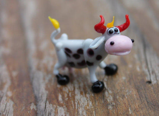 Blown Murano Glass Cow Figurine In Black And White With Red Horns