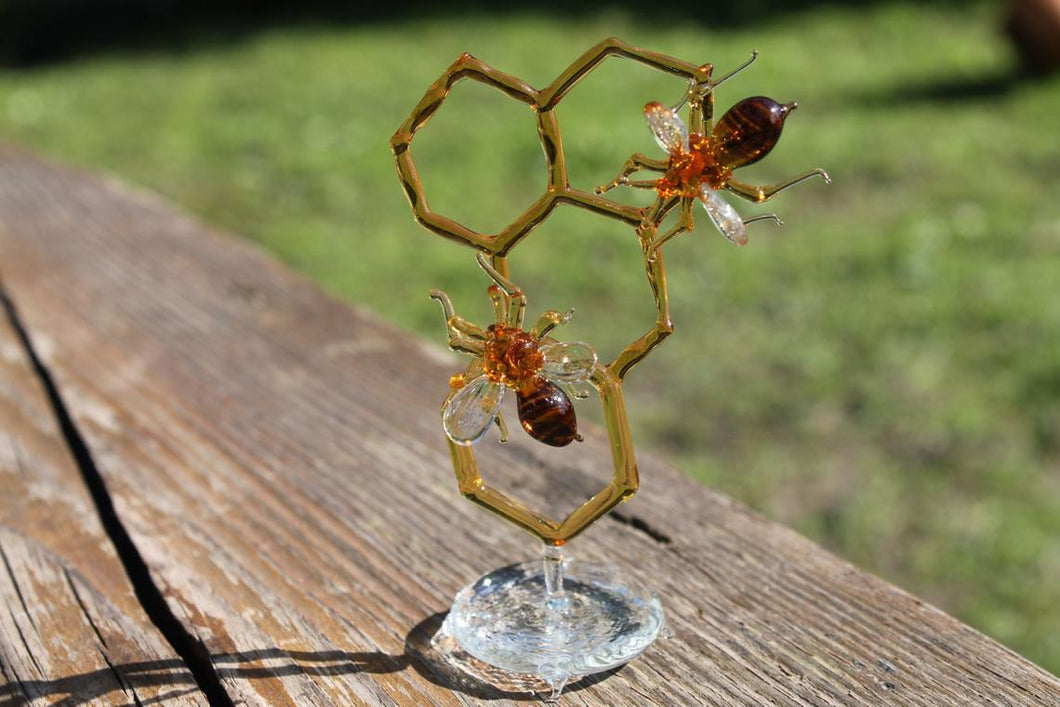 Glass Honeycomb and Bee Collectible Figurine Glass Bee Blown Glass honeybee Honeybee and Honey comb