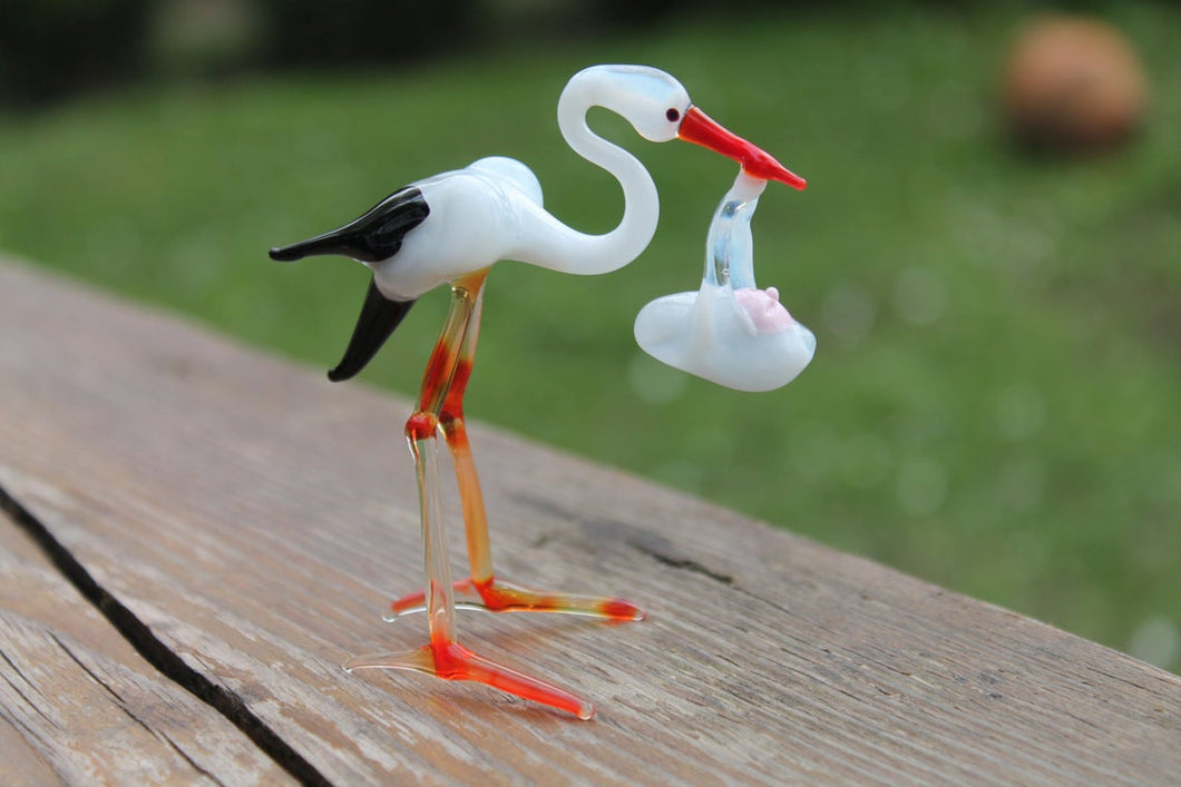 Stork with Baby Bundle Figurine Blown Glass Shower Gift The stork brings the baby Stork with Baby Bundle Sculpture Glass Stork